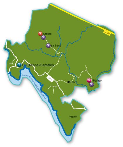 Carte de situation de Saint-Etienne Cantalès et des points remarquables de la commune.