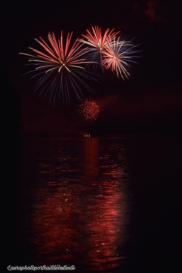Photo du feu d'artifice 2021 tiré sur le lac de Saint-Etienne-Cantalès, prise par Laura Lalande, photographe amateur 