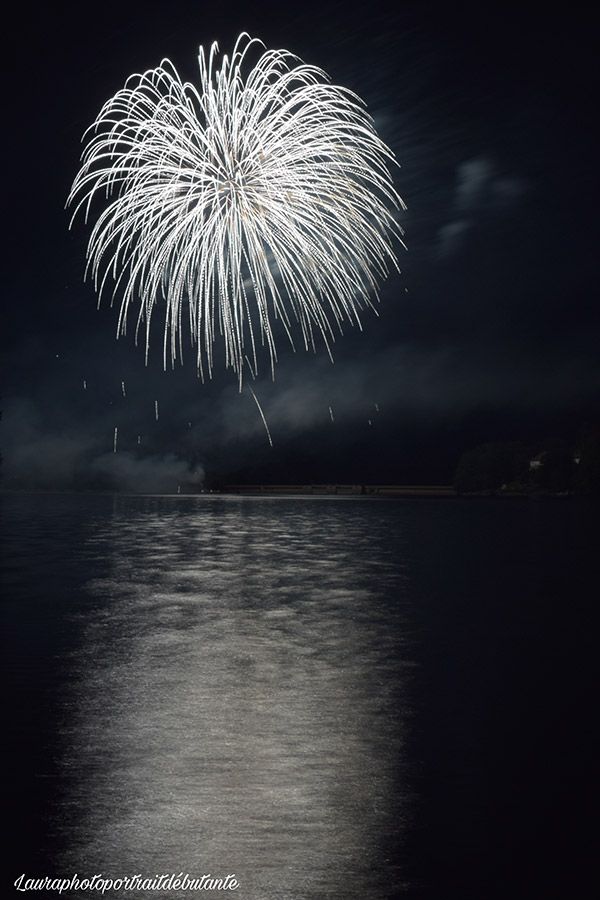 Photo du feu d'artifice 2021 tiré sur le lac de Saint-Etienne-Cantalès, prise par Laura Lalande, photographe amateur 